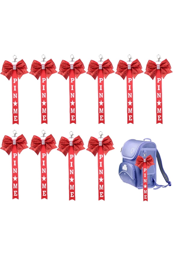 10 Pcs Cheer Pin Me Ribbon Cheerleader Bow Keychain Ribbon Cheer Keyring with Glitter Rhinestones Bow Lanyard Pendant for Women Girls.