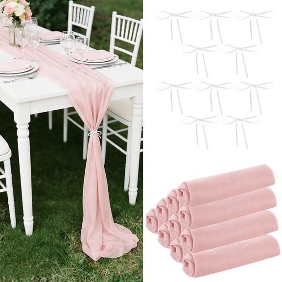 10 Pcs Chiffon Table Runners Set with White Ribbons, Semi-Sheer Wedding Table Runner, 118.1 in Elegant Decoration for Wedding, Bridal Party, Birthday