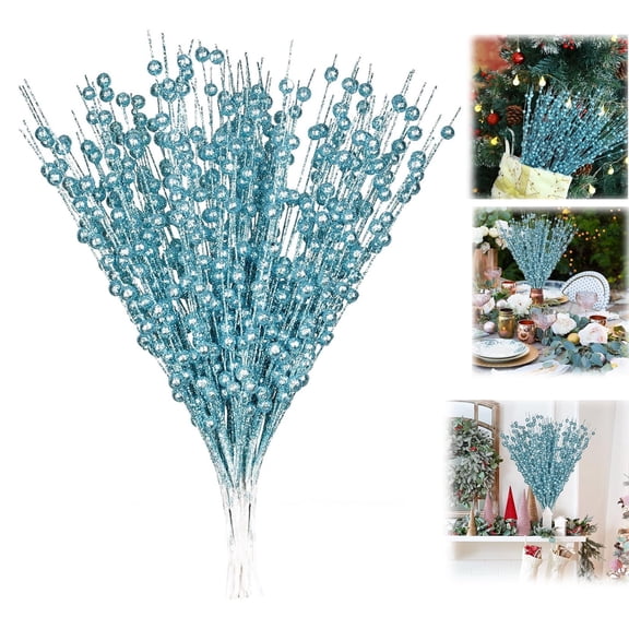 10 Pcs Christmas Artificial Glitter Berry Stem Decorations Bead Sticks Pick, 17 Inch Christmas Glitter Berry Stems for Christmas Tree Xmas Wreath Vase Filler Home Decor (Blue)