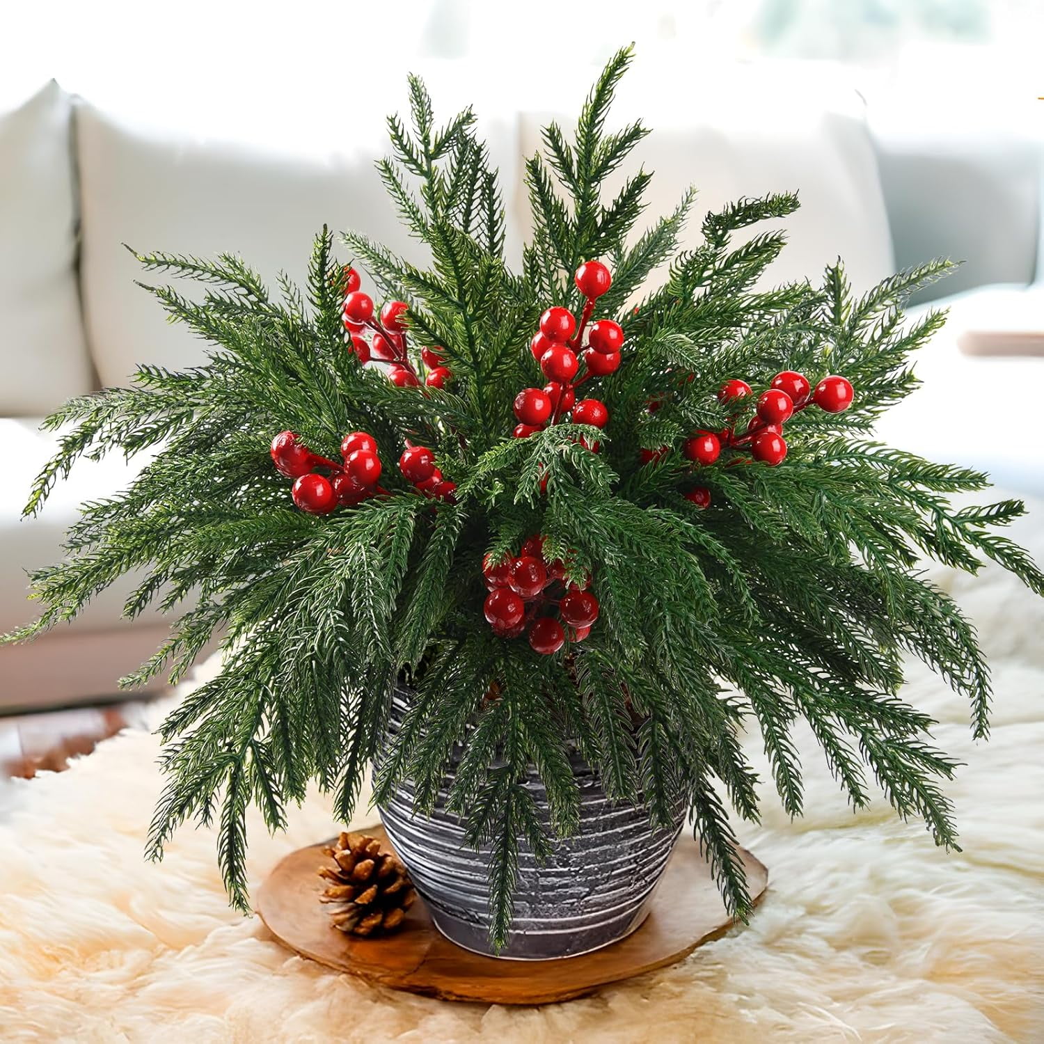 10 Pcs Christmas Artificial Pine Branches with Red Berry Stems