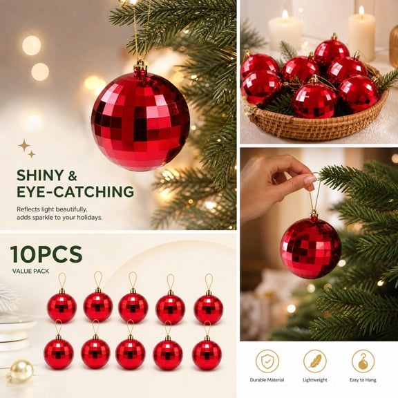 10 Pcs Christmas Electroplated Ball Ornaments, Irregular Checkered Surface Hanging Decor That Catches the Light for Festive Indoor Styling and Party Backdrops