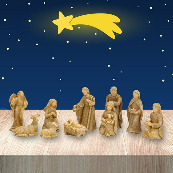 10 Pcs Christmas Nativity Figurines Mini Wooden Ornament,Handcrafted, Decorative Religious Figurines for Xmas Home Desk Table Decor, Rustic Nativity Scene Set,Every set is unique