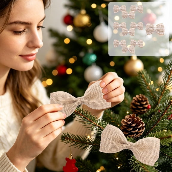 10 Pcs Christmas Rustic Burlap Bowknot Hanging Decoration Set, Farmhouse Style Burlap Ribbon Bows for Holiday Party Gift Packaging Candle Holder Tableware Home Decor Ideal Gift