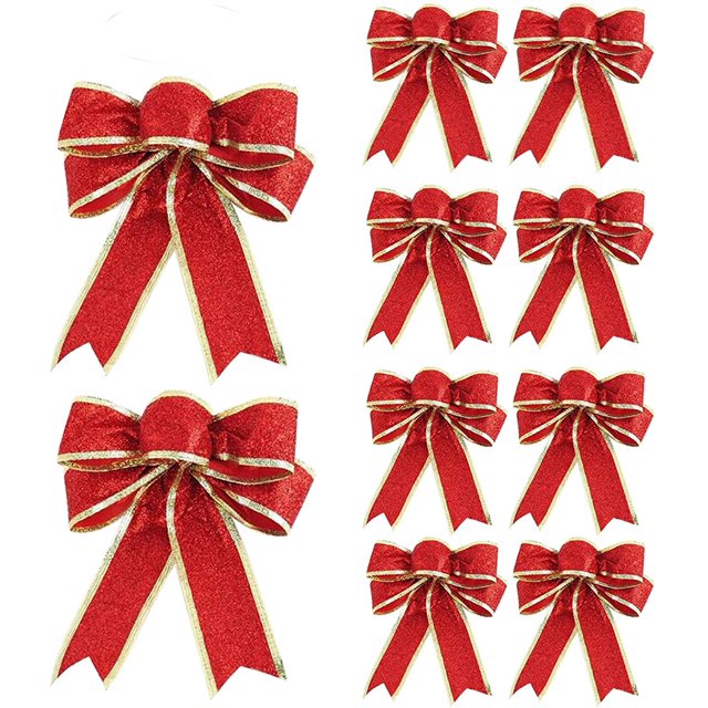 10 Pcs Christmas Tree Bows, Glitter Red Christmas Ribbon Bows, Festive