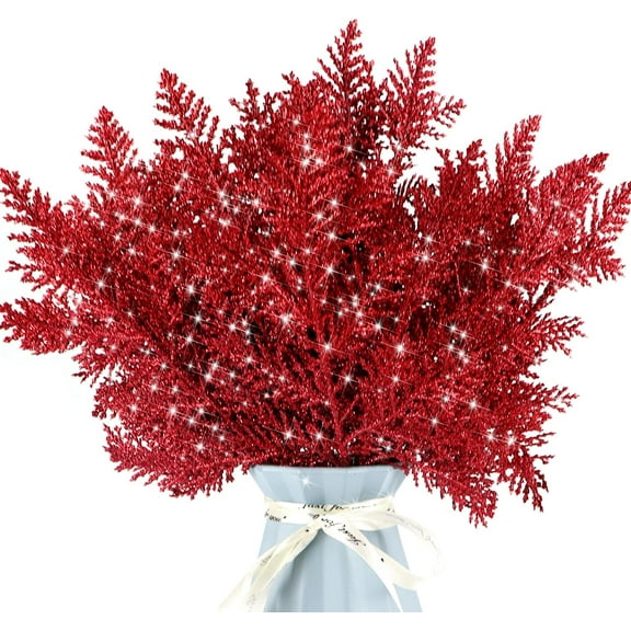 10 Pcs Christmas Tree Picks Sprays 10.4" Glitter Artificial Pine Needles Branches Twigs Fake Pine Stems Picks for Xmas Tree Holiday Arrangement Crafts DIY Garland Wreath Home Decor