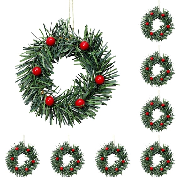 10 Pcs Christmas Wreath with 6 Red Berries, Christmas Table Centerpieces, Mini Small Christmas Wreath, Kitchen Cabinet Table Decor, Xmas Pillar Ring Holder, Christmas Hanging Decoration,Green*10