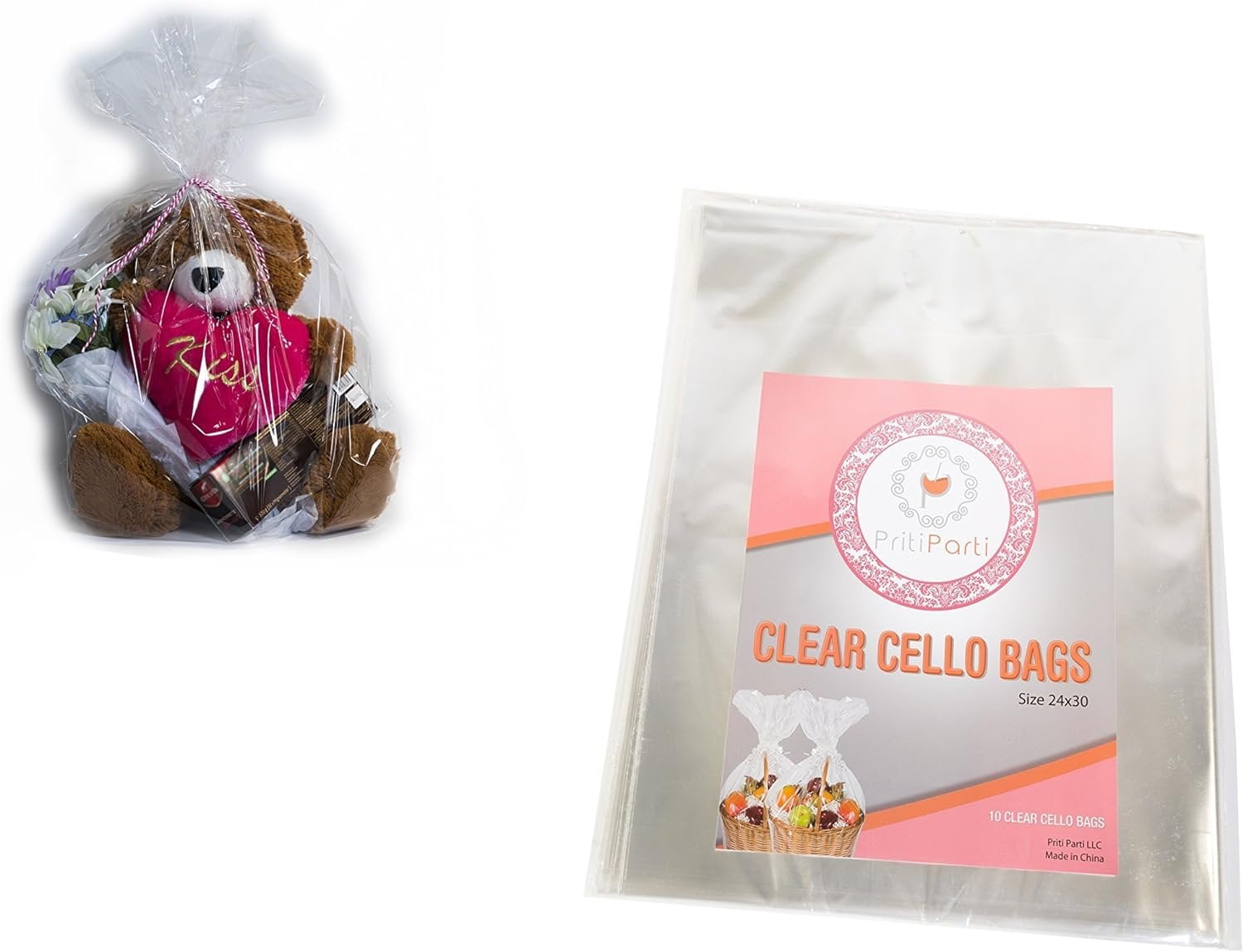 10 Pcs Clear Cellophane Bags - 1.2 MIL Glossy Cello Bag for Gift Basket Packaging High Quality Transparent Extra Large for Birthday Parties Wedding Favors Bridal Showers - by Priti Parti 24x30
