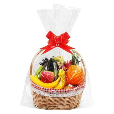 10 Pcs Clear Cellophane Basket Bags Large Size (32 in X 55 in), 3 Mil Thicker Clear Cellophane Wrap, for Gift Bags with 10 Pcs Red Bows Ribbons