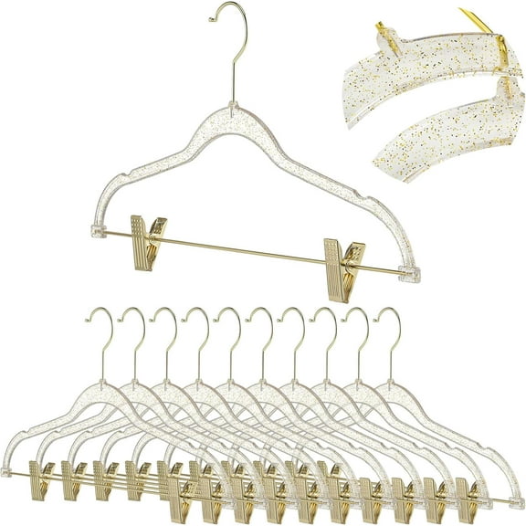 10 Pcs Clear Gold Hangers with Clips Acrylic Glitter Hangers with Non Slip17 x 8 Inches Plastic Skirt Pants Storage and Organizer for Clothes Skirt Trousers Jeans(Gold)