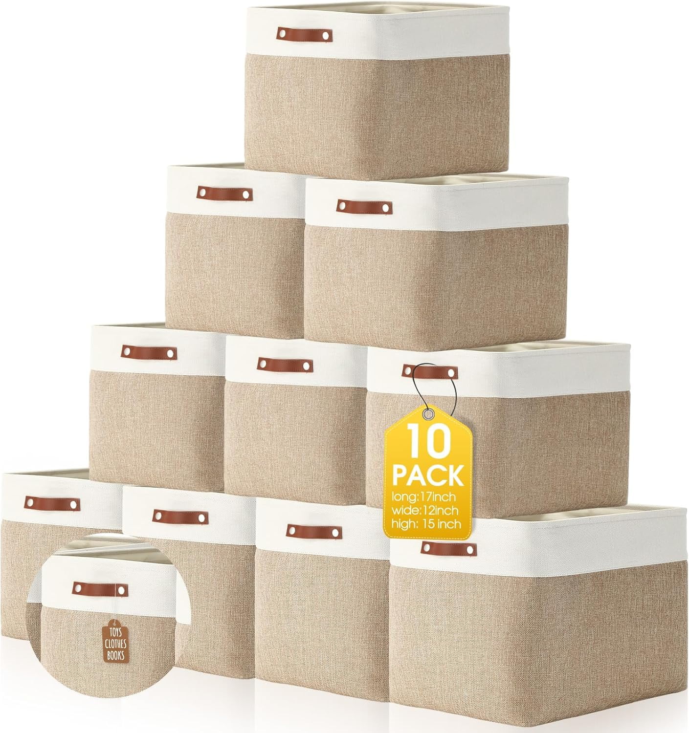 10 Pcs Collapsible Storage Bins Fabric Foldable Storage Basket with Handles Cloth Organizer Linen Shelf Baskets for Shelves Home Closet Nursery Toys(17 x 15 x 12 Inch,Beige and White)
