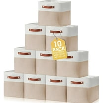 10 Pcs Collapsible Storage Bins Fabric Foldable Storage Basket with Handles Cloth Basket Organizer Linen Shelf Baskets for Shelves Home Closet Nursery Toys (Beige and White,12 x 12 x 12 Inch)