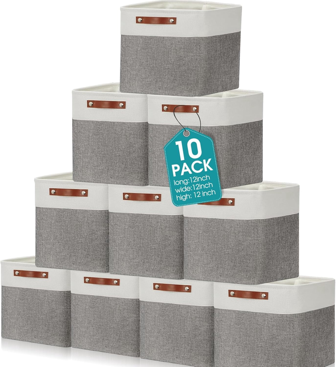 10 Pcs Collapsible Storage Bins Fabric Storage Basket with Handles Cloth Organizer Linen Shelf Baskets for Shelves Home Closet Nursery Toys(12 x 12 x 12 Inch,Gray and White)
