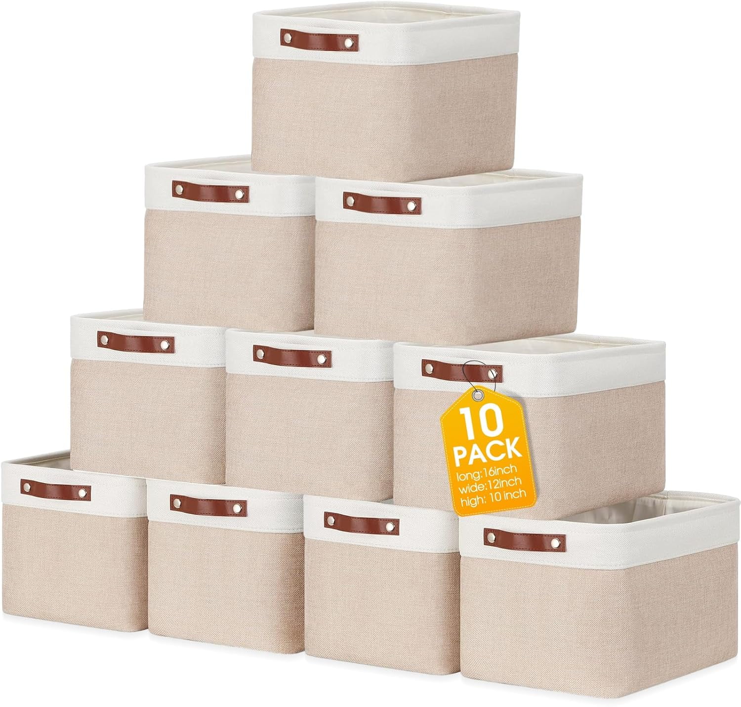 10 Pcs Collapsible Storage Bins Fabric Foldable Storage Basket with Handles Cloth Organizer Linen Shelf Baskets for Shelves Home Closet Nursery Toys(16 x 12 x 10 Inch,Beige and White)
