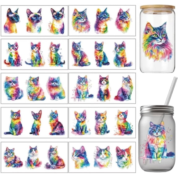 10 Pcs Colored Cat-Cup Printing UV Transfer Papers 10 Styles Waterproof Watercolor Lovely Kitten UV DTF Cup Wrap Stickers for DIY handcrafting