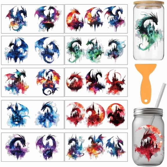 10 Pcs Colorful Dragon Theme Cup Printing UV Transfer Papers 10 Styles Castle and Dragon PVC DIY Heat Transfer Stickers for 16 OZ Glass Cups Crafts 9.5x4.3inch