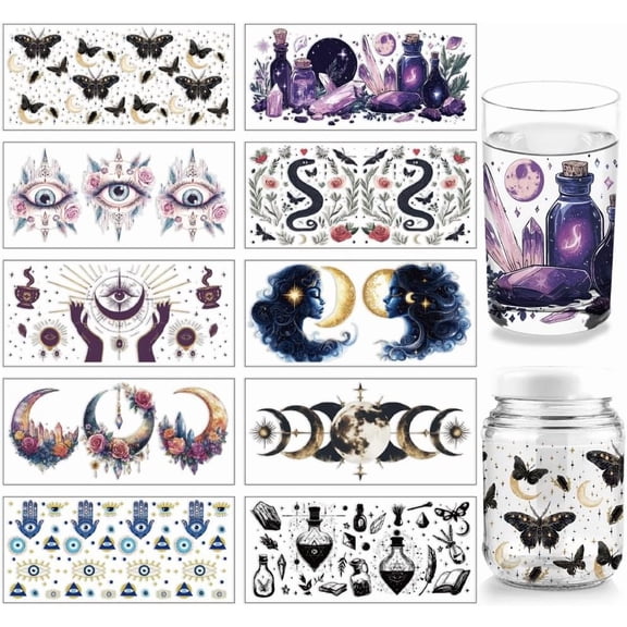 10 Pcs Colorful Fantasy Elements Theme Cup Printing UV Transfer Papers 10 Styles Divination Eyes Butterflies Moon Flowers UV DTF Cup Wrap Stickers for DIY Making