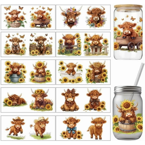 10 Pcs Colorful Highland Cow Small Patterns Cup Printing UV Transfer Papers 10 Styles Butterflies Flowers Bows UV DTF Cup Wrap Stickers for 16 OZ Glass Cups Crafts 9.5x4.3inch Colorful