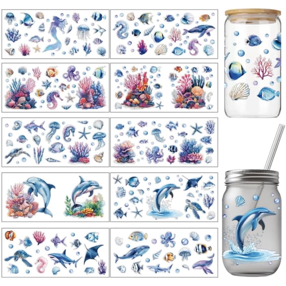 10 Pcs Colorful Marine Animal Theme Cup Printing UV Transfer Papers 10 Styles Sea Animal Shell Octopus Seahorse UV DTF Cup Wrap Stickers