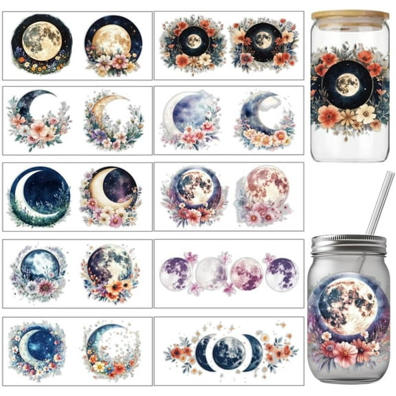 10 Pcs Colorful Moon Theme Cup Printing UV Transfer Papers 10 Styles Floral Moon Stars Night Sky PVC DIY Heat Transfer Stickers DIY