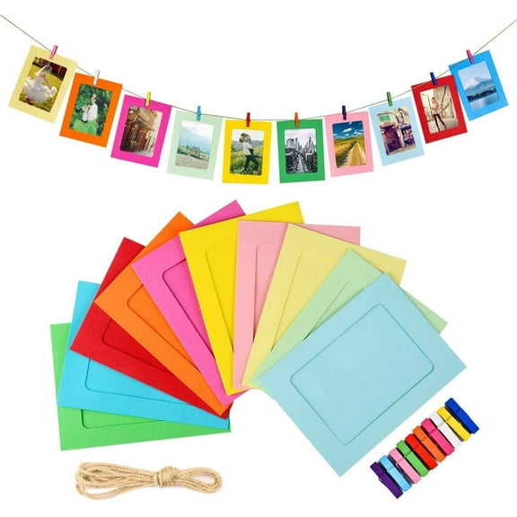 10 Pcs Colorful Paper Photo Frames, 4"x6" Cardboard Paper Picture Frames with Mini Wooden Clips and Jute Strings DIY Clip Photo Holders Photo Hanging Display Kit Wall Decor for Home, Party, Office