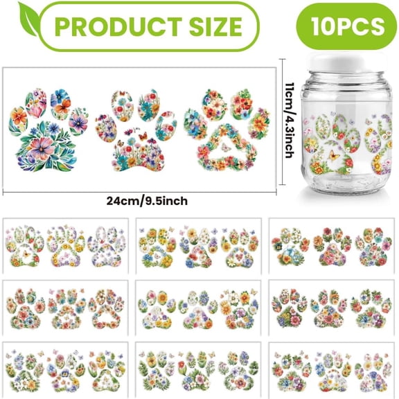 10 Pcs Colorful Paw Print Theme Cup Printing UV Transfer Papers 10 Styles Plant Floral Paw Print Silhouette PVC DIY Heat Transfer Stickers for 16 OZ Glass Cups Crafts 9.5x4.3inch