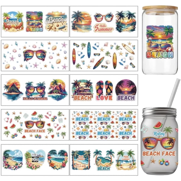 10 Pcs Colorful Sand Beach Theme Cup Printing UV Transfer Papers 10 Styles Shells Conch Tree Surfboard Starfish UV DTF Cup Wrap Stickers for 16 OZ Glass Cups Crafts 9.5x4.3inch Mixed Color