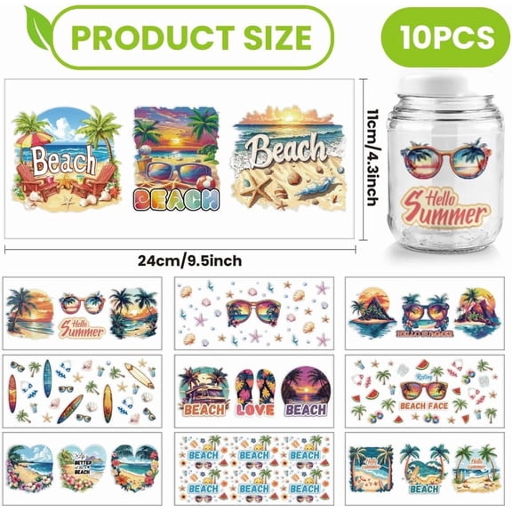 10 Pcs Colorful Sand Beach Theme Cup Printing UV Transfer Papers 10 Styles Shells Conch Tree Surfboard Starfish UV DTF Cup Wrap Stickers for 16 OZ Glass Cups Crafts 9.5x4.3inch