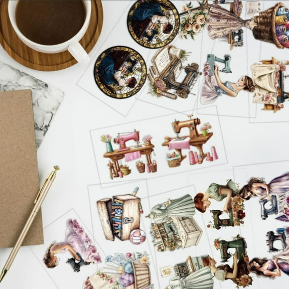 10 Pcs Colorful Sewing Theme Cup Printing UV Transfer Papers 10 Styles Human Feminine Sewing Elements UV DTF Cup Wrap Stickers for 16 OZ Glass Cups Crafts 9.5x4.3inch colorful