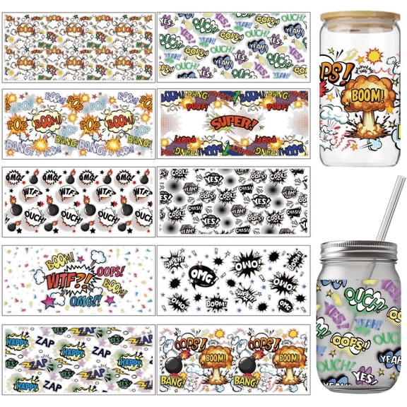 10 Pcs Comic Text Theme Cup Printing UV Transfer Papers 10 Styles Funny Text Boom PVC DIY Heat Transfer Stickers for 16 OZ Glass Cups Crafts 9.5x4.3inch Colorful