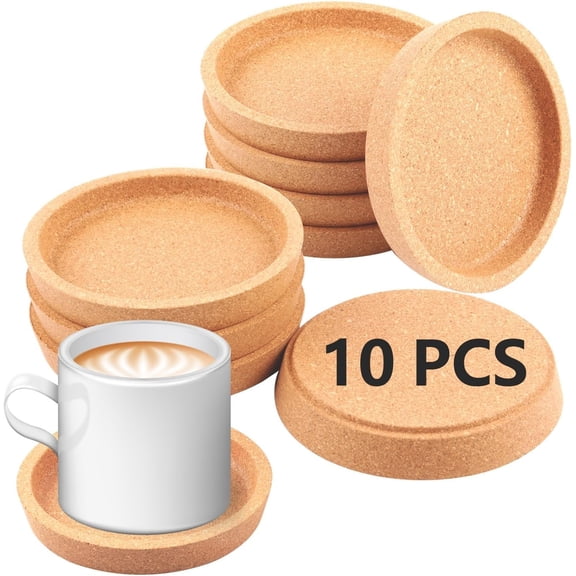 10 Pcs Cork Coasters with Lip,Protect Your Table from Beverage Leak-Proof Cork Cup Holder Bulk,Non-Slip, Heat-Resistant,Absorbent and Reusable Coasters for Drinks, Khaki, 4 Inch
