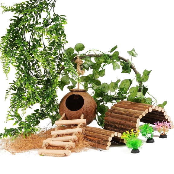 10 Pcs Crested Gecko Tank Accessories, Reptile Plants Bridge Vines, Coconut Shell with Ladder for Lizard, Chameleon Cage, Snakes, Hermit Crab, Leopard Gecko Tank Accessories