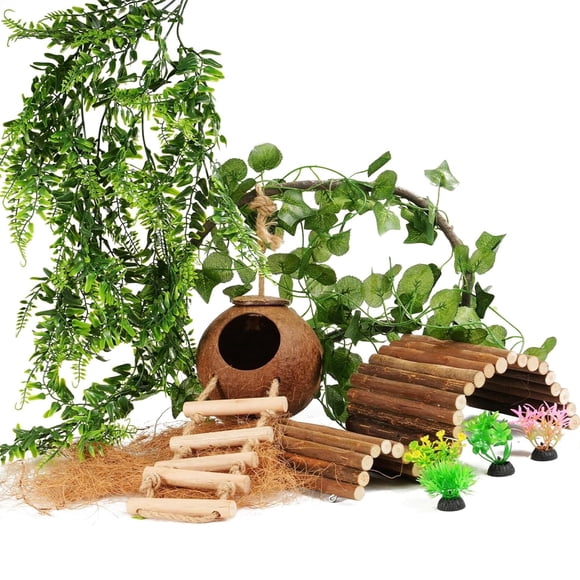10 Pcs Crested Gecko Tank Accessories, Reptile Plants Bridge Vines, Coconut Shell with Ladder for Lizard, Chameleon Cage, Snakes, Hermit Crab, Leopard Gecko Tank Accessories