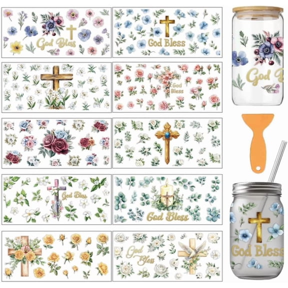 10 Pcs Cross Theme Cup Printing UV Transfer Papers 10 Styles Flowers Christian Cross and The Words of God Bless PVC DIY Heat Transfer Stickers