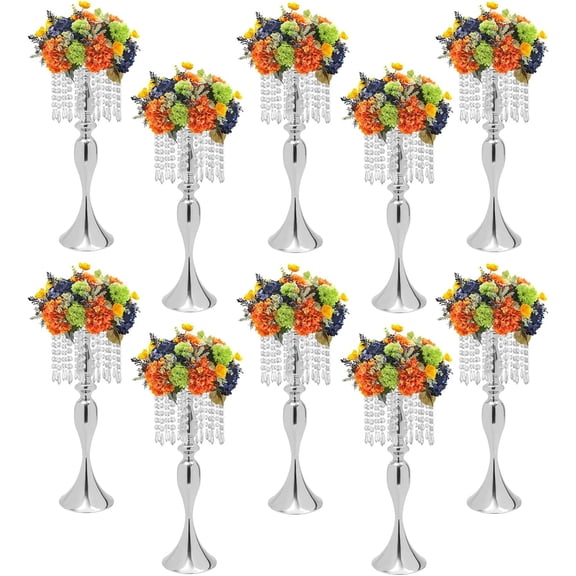 10 Pcs Crystal Flower Vases Wedding Centerpieces for Tables Silver 21.3 inches Tall Crystal Flower Stand Elegant Tabletop Flower Arrangement Holder with Metal Base for Wedding Party Decoration