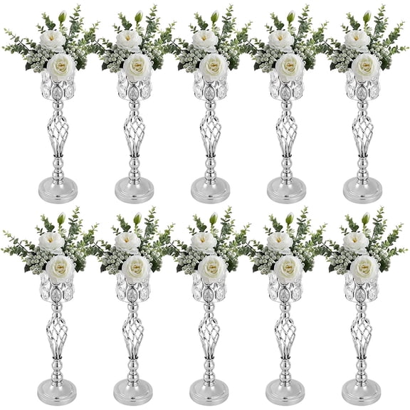 10 Pcs Crystal Metal Vase Diamond Crystal Wedding Centerpiece Vases for Tables Home Flower Stands Versatile Tall Flower Holder Flower Arrangement Vase (Silver)