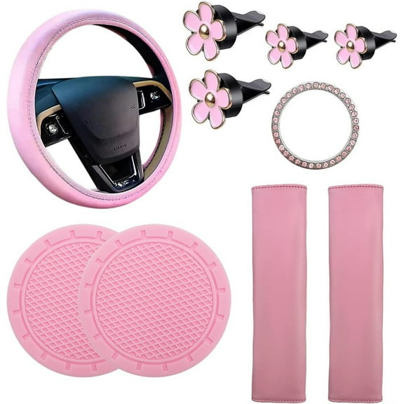 10 Pcs Cute Automobile Accessories Set,Pink Car Supplies,Cute Car Accessories Set with Safety Shoulder Pad Cover,Coaster,Starting Ring,Button Buckle,Air Outlet Flower Clip (Pink)