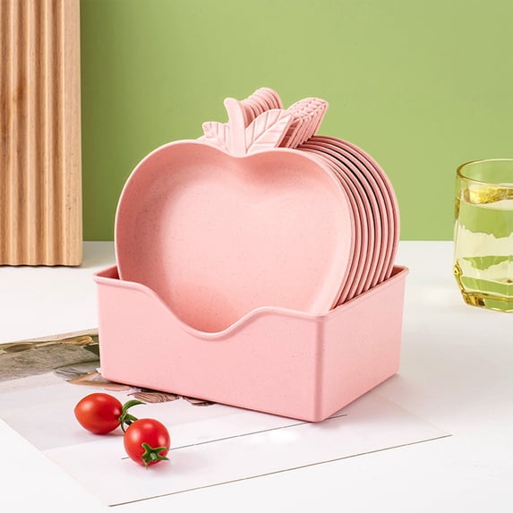 10 Pcs Cutlery Set with 6.3in Food Tray – Plastic Snack Bowls and Plates for Dining, Stackable and Dishwasher Safe(Pink)