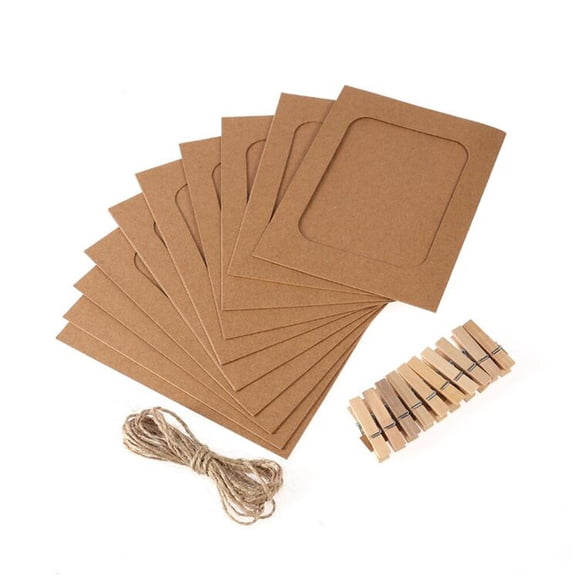 Brown Paper Photo Frame with Clips and String for Decoration Fits 6 Inch Photos Great for Craft Projects