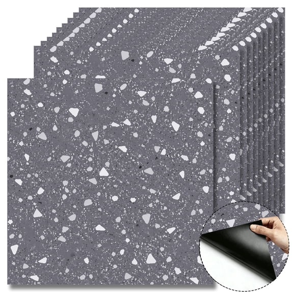 10 Pcs Dark Gray Terrazzo Peel and Stick Floor Tiles, 12x12 in Covers 10 Sq. Ft. Self-Adhesive DIY Vinyl Flooring, Removable & Waterproof for Bathroom, Kitchen, Walls, Bedroom