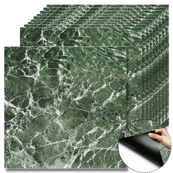 10 Pcs Dark Green Marble Peel and Stick Floor Tiles, 12x12 in Covers 10 Sq. Ft. Self‑Adhesive DIY Vinyl Flooring, Removable & Waterproof for Bathroom, Kitchen, Walls, Bedroom