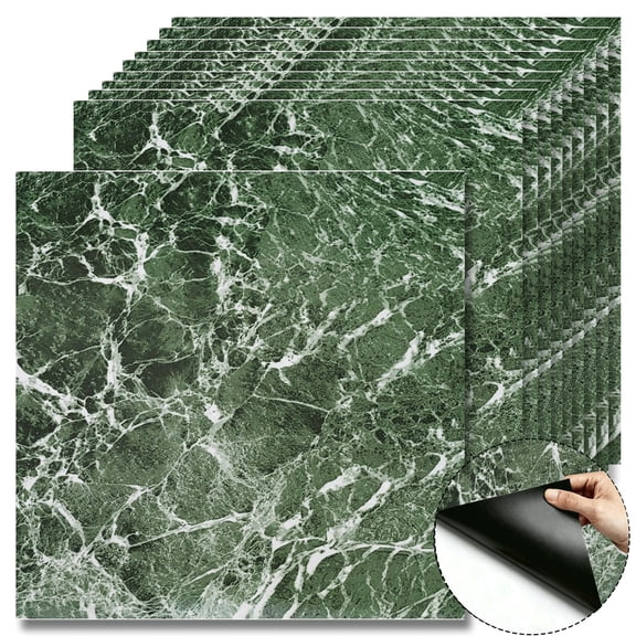 10 Pcs Dark Green Marble Peel and Stick Floor Tiles, 12x12 in Covers 10 Sq. Ft. Self‑Adhesive DIY Vinyl Flooring, Removable & Waterproof for Bathroom, Kitchen, Walls, Bedroom