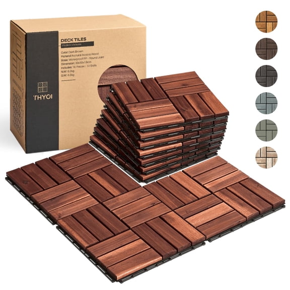 10 Pcs Deck Tiles, Patio Flooring - Outdoor Waterproof Acacia Wood Tiles for All Weather Use Balcony, Backyard, Indoor & (Dark Brown Crossed Pattern, Square Ft)