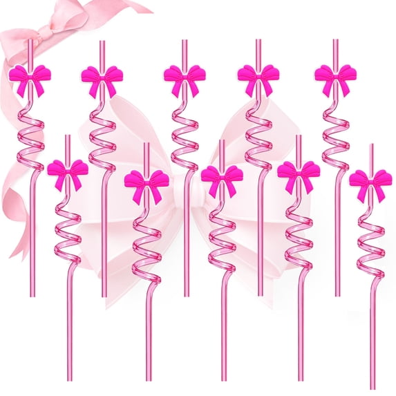 10 Pcs Decorative Pink Bow Spiral Drinking Straws, Reusable Ribbon Theme Beverage Accessories for Themed Parties and Elegant Table Decorations Drinking Straws #B1 Pink_027