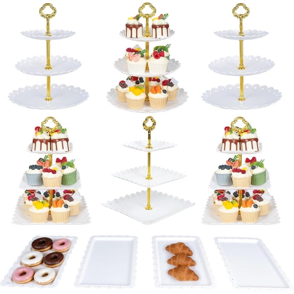 10 Pcs Dessert Table Display Set,with 6 Pcs 3-Tier Cupcake Stands & 4 Pcs Food Serving Trays- Cookie Tray Rack Cake Display Tower for Wedding, Baby Shower, Tea Party, Birthday Decorations