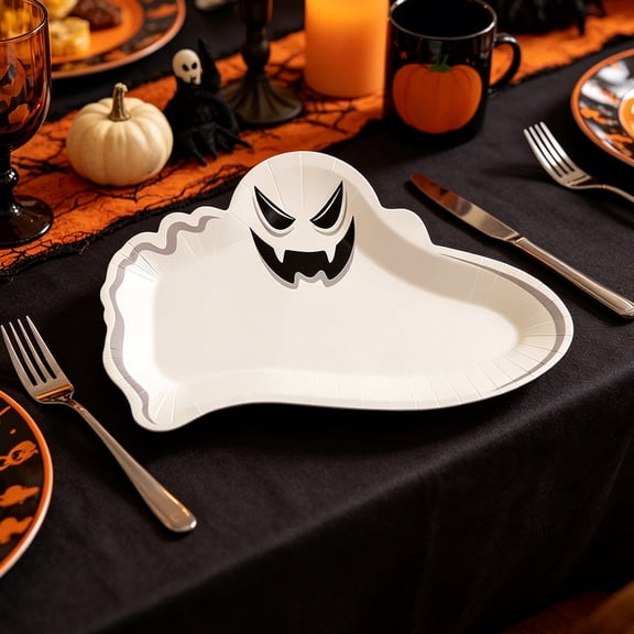 10 Pcs Die Cut Ghost Shaped Disposable Paper Plates, Spooky Cute Ghost Designs Thick Paper Snack Candy Cake Tray For Halloween Fall Party Table Decor Supplies,10.23 x 6.29 in