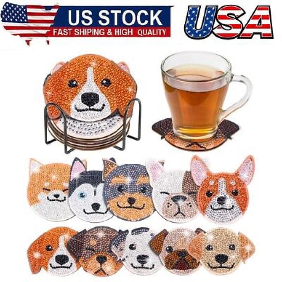 10 Pcs Dog Shaped Diamond Coasters Kits DIY Pet Dog with Holder for Beginners