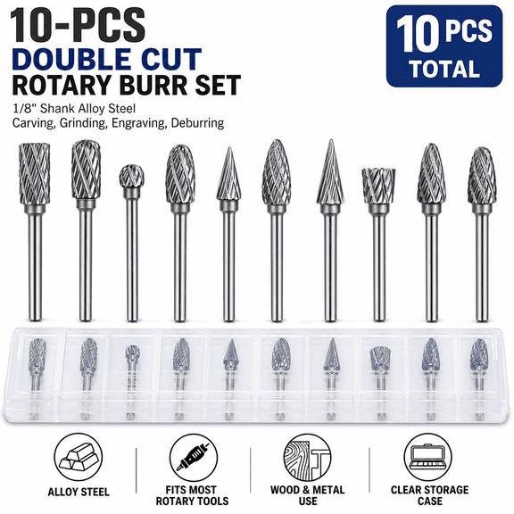10-Pcs Double Cut Rotary Burr Set, 1/8" Shank Alloy Steel Carving Bits for Rotary Tools Woodworking Metal Grinding Engraving Deburring
