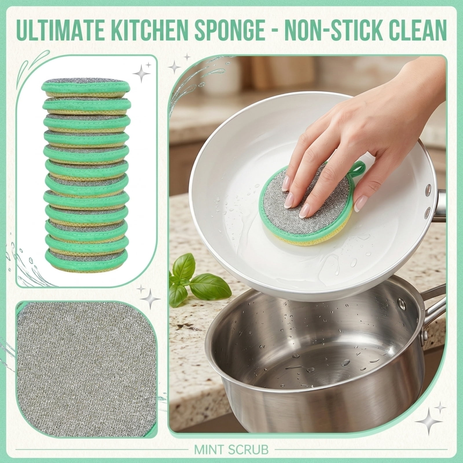 10 Pcs Double-Sided Durable Scrub Scouring Sponge, Non-Scratch Kitchen ...