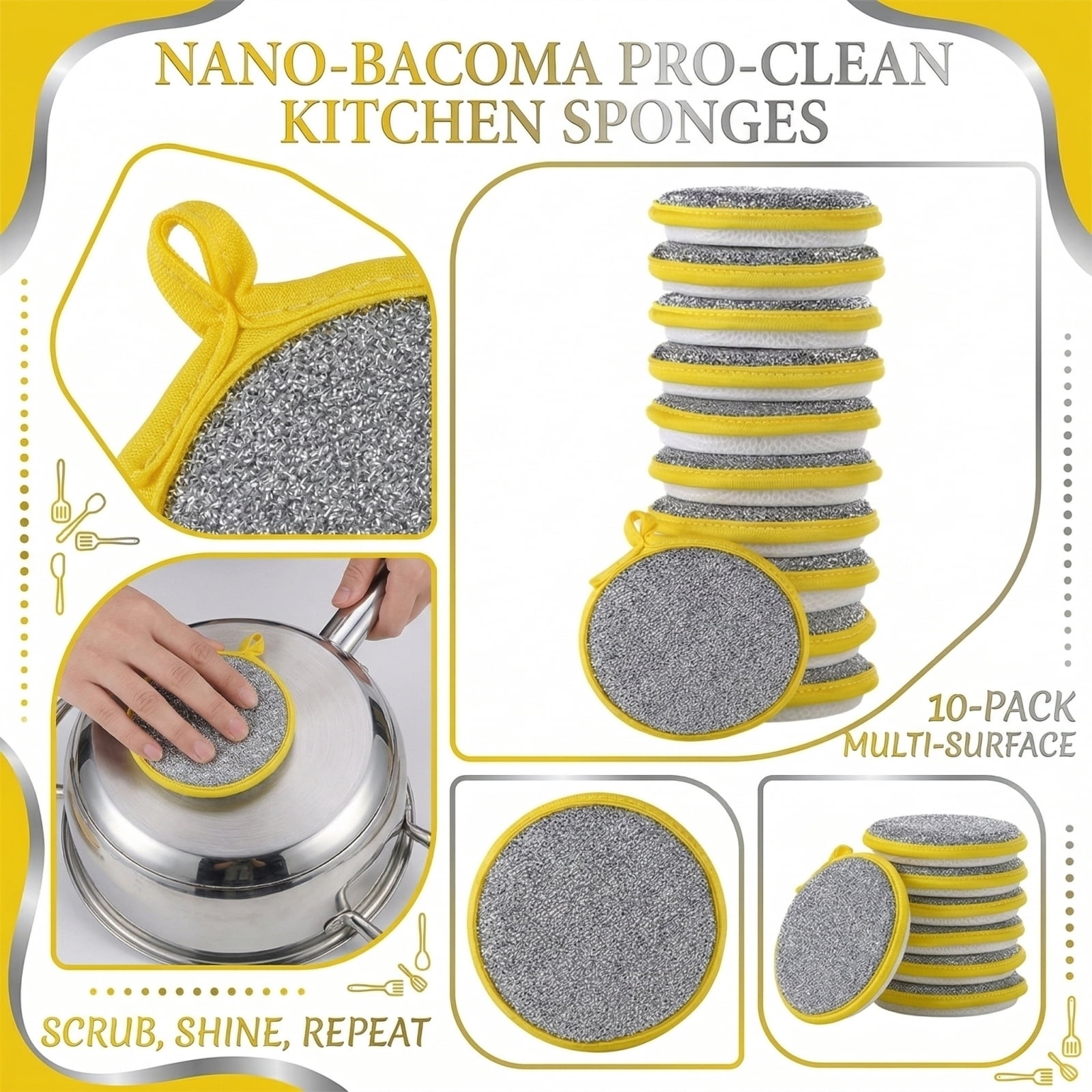 10 Pcs Double-Sided Non-Scratch Dish Sponge - Reusable Round Scouring ...