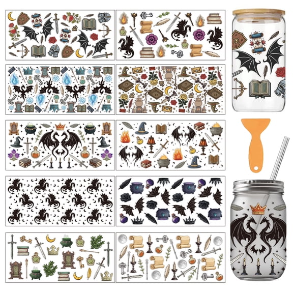 10 Pcs Dragon Theme Cup Printing UV Transfer Papers 10 Styles Medieval Magic Elements Mysterious Dragon and Book PVC DIY Heat Transfer Stickers